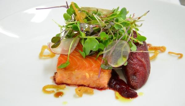 Logan Brown &#332;ra King Salmon with Beetroot Gnocchi, Horseradish Cream & Baby Cresss.